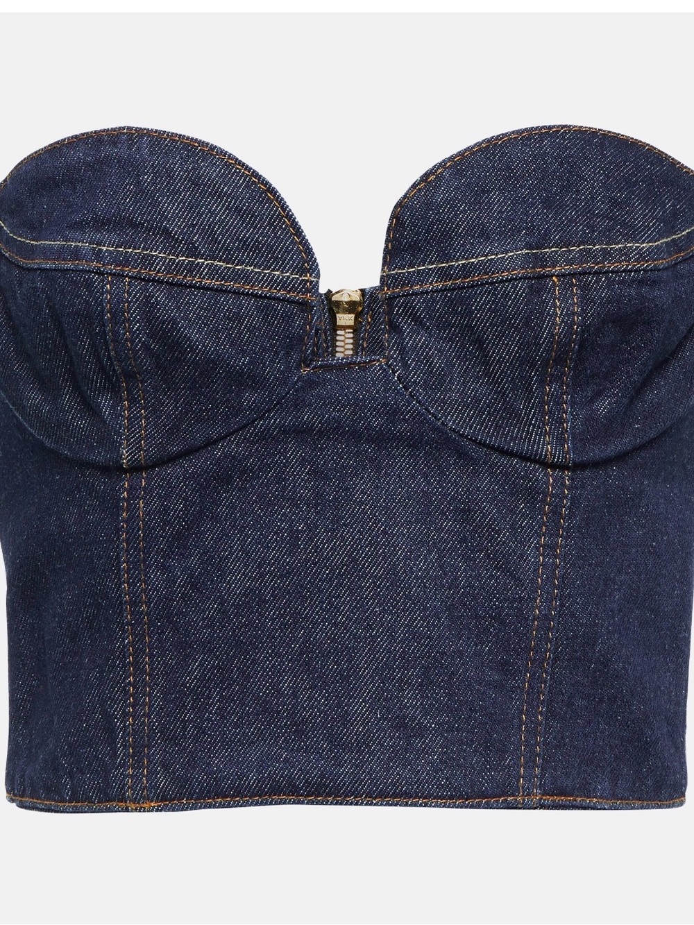 Magda Butrym Dark Blue Denim Bustier Crop Top with Gold Zip
